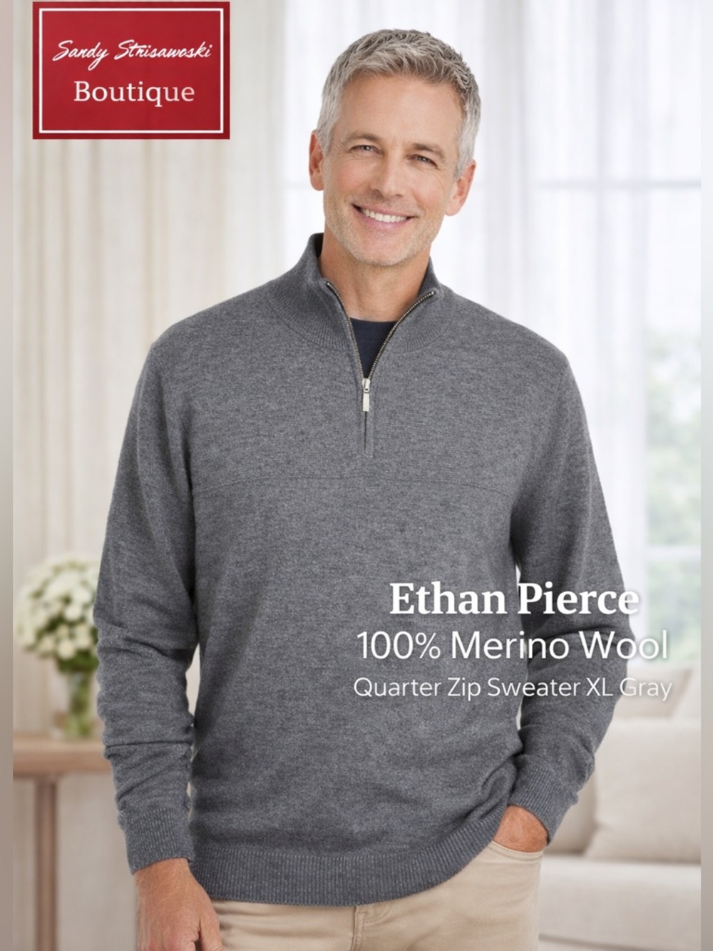 Ethan Pierce 100% Merino Wool Quarter Zip Sweater XL Gray Classic